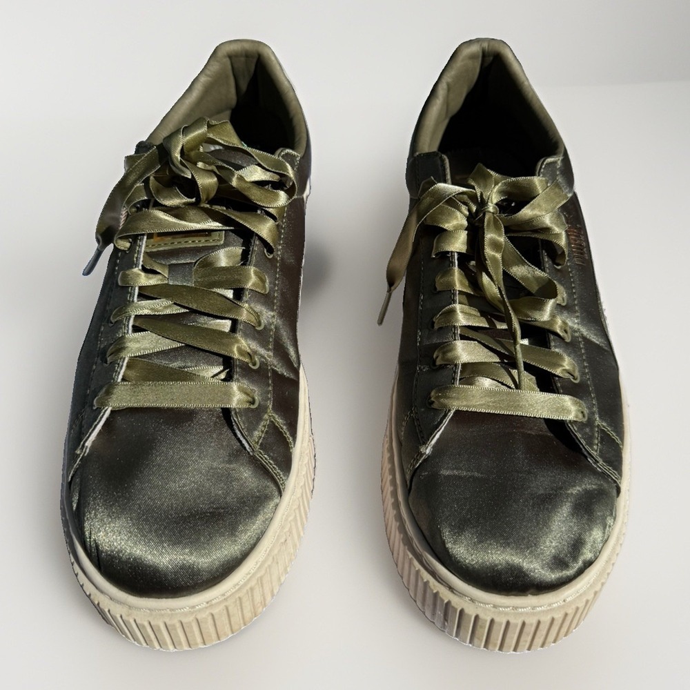 PUMA Basket Platform Satin Green Green Women's Size 7.5 Ribbon Laces